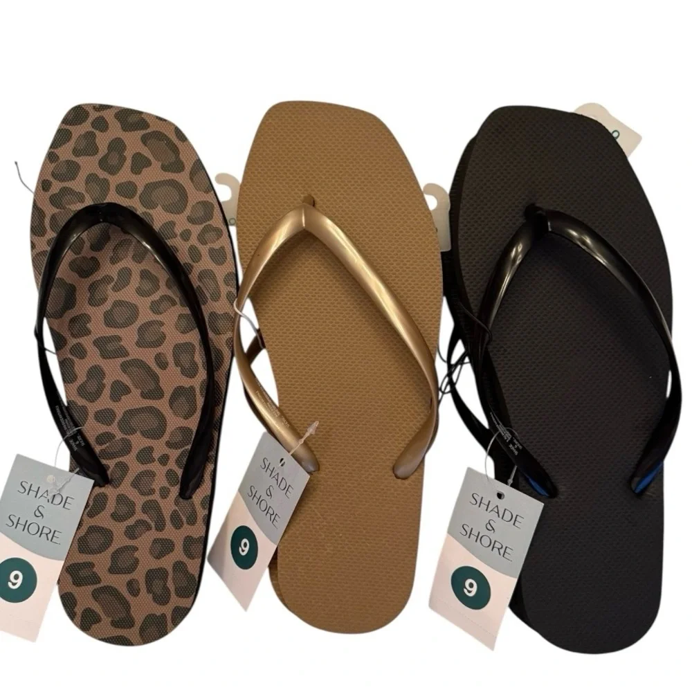 3 Pair Square Toe Flip Flop Sandals Leopard Copper Black - Picture 12 of 12